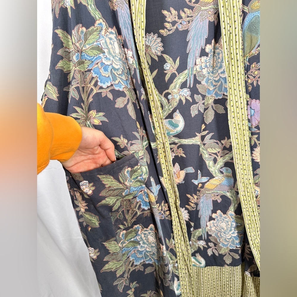 Handprint Cotton Boho Kimono Duster Robe Bird Floral Print OS Black - Picture 3 of 12